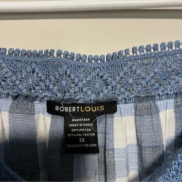 Robert Louis Plus Size Womens Size 3X Blouse Checkered Lace Neckline Boho Top - Picture 4 of 8